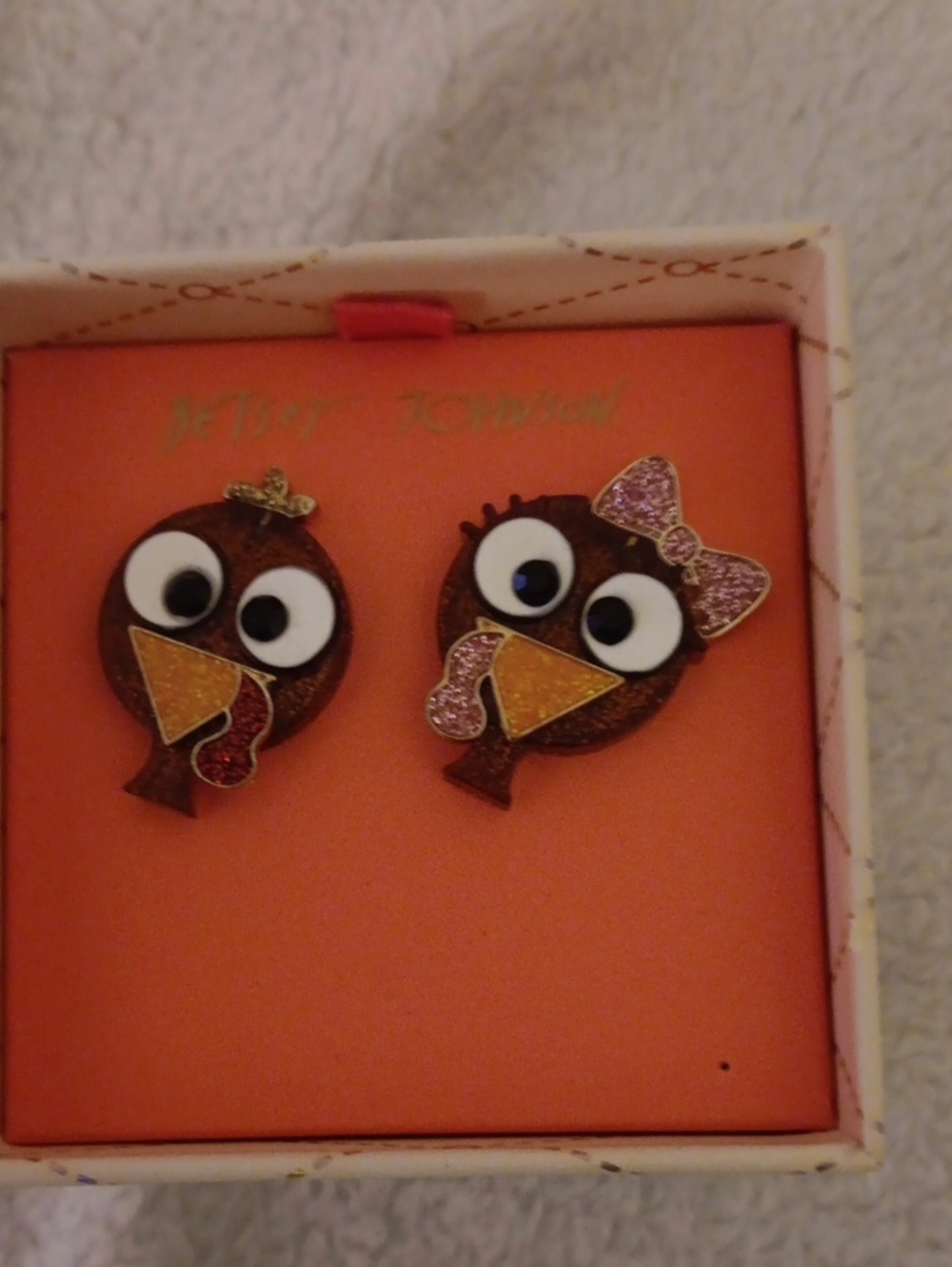 Betsey Johnson Brown Glitter Turkey Stud Earrings with Pink & Gold Accents